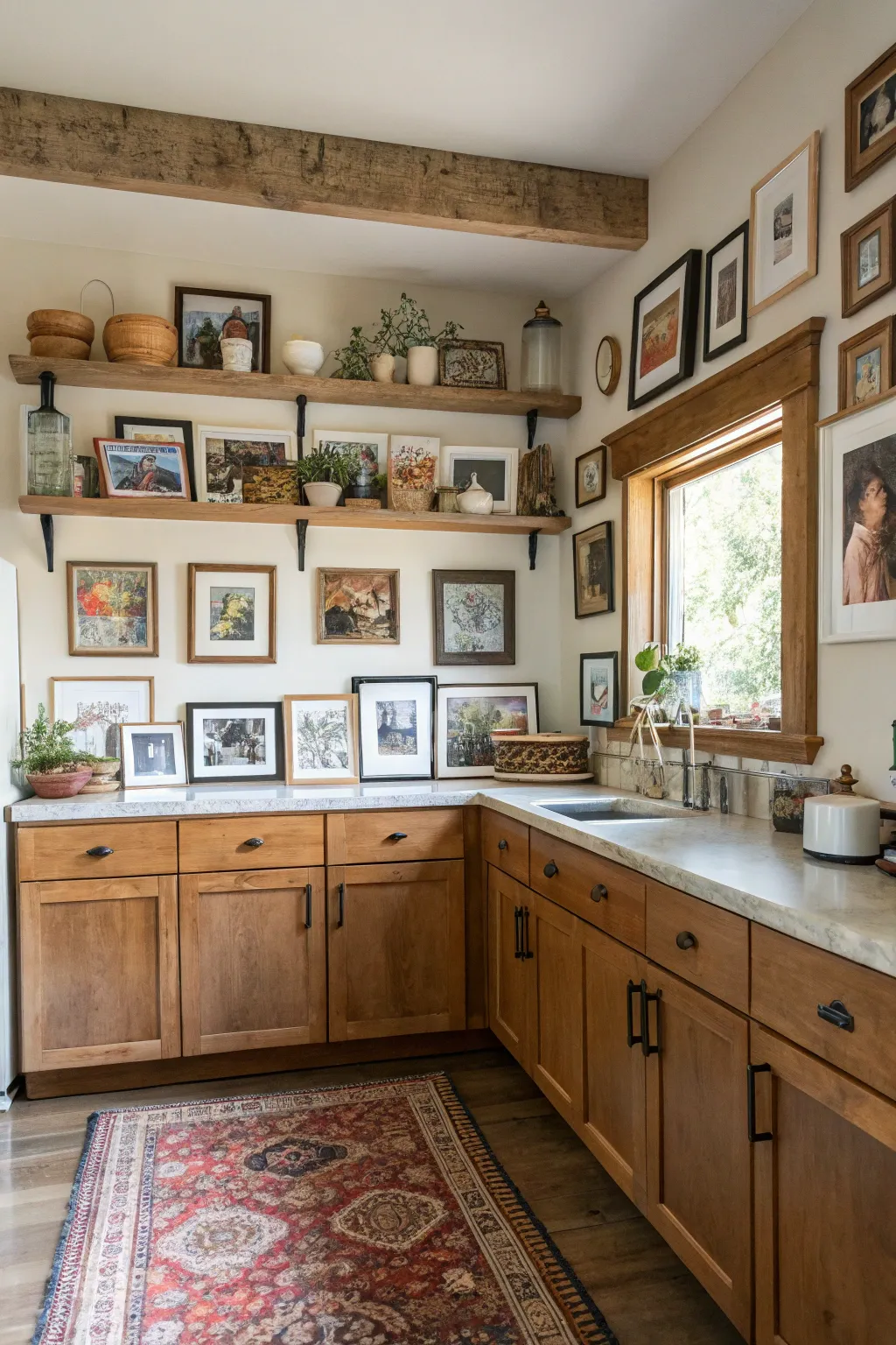 A cozy kitchen with a gallery wall of family photos and boho decor.