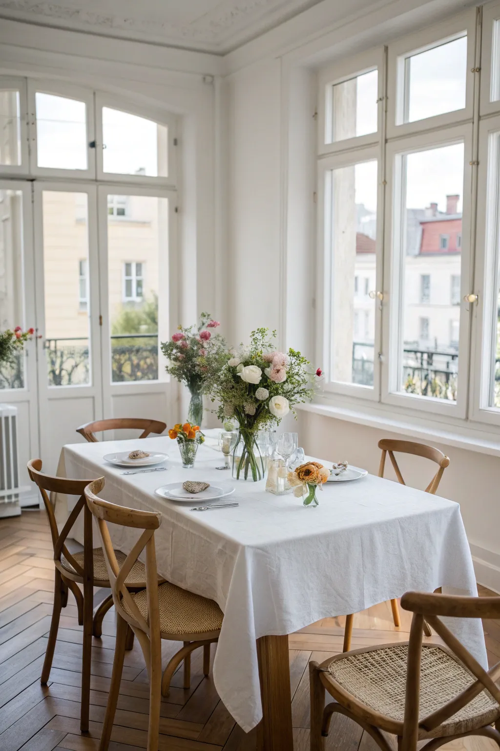 A simple white tablecloth beautifully accented with fresh flowers in small vases.