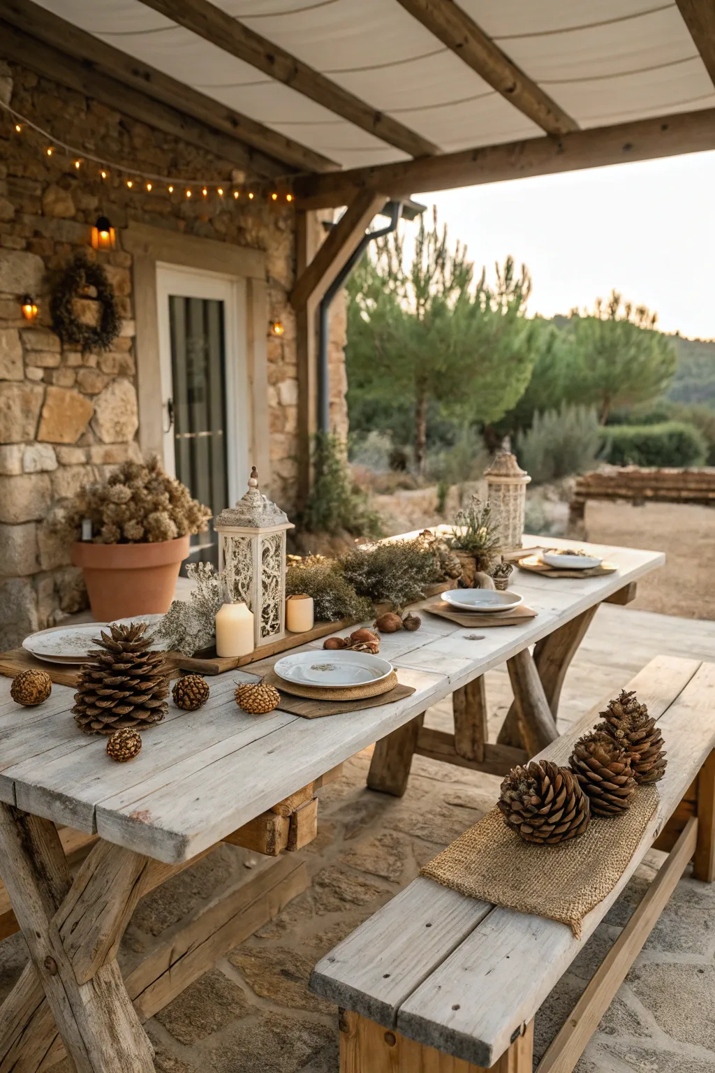 A rustic wooden table setting featuring natural elements like pinecones and stones.
