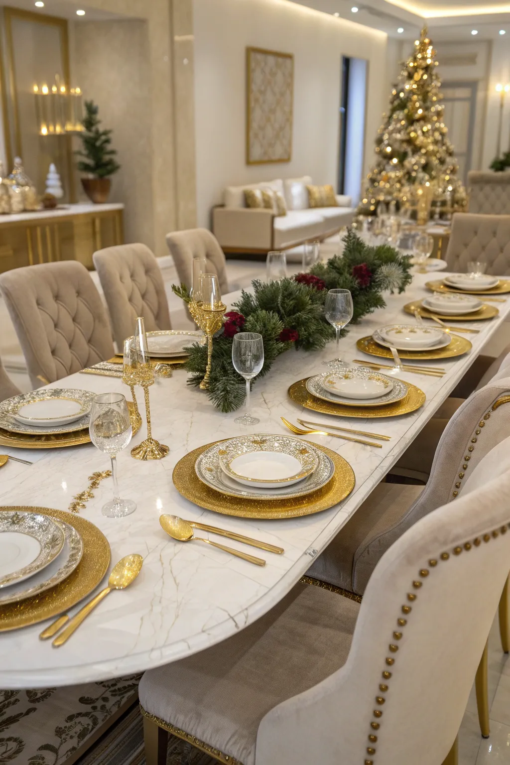 An elegant table setting featuring gold and white dinner plates with refined accents.