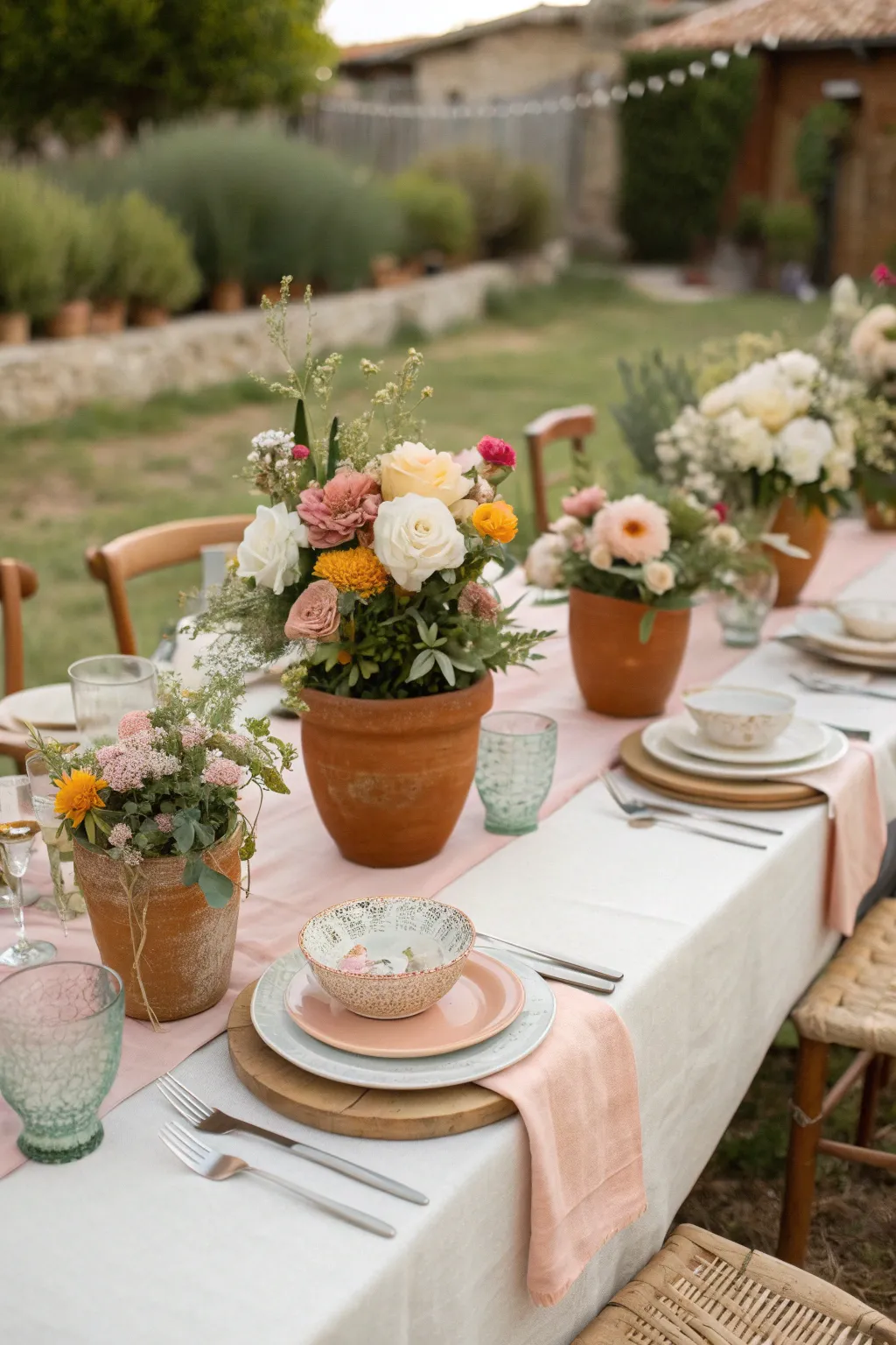 A garden party tablescape featuring seasonal blooms in terracotta pots and a soft linen tablecloth.
