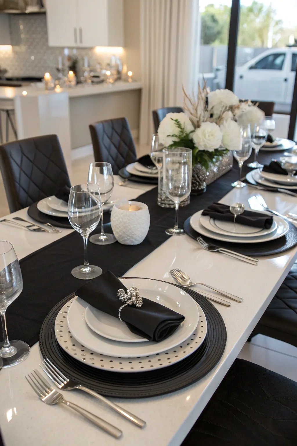 A chic black and white tablescape featuring elegant plates, napkins, and silver flatware.