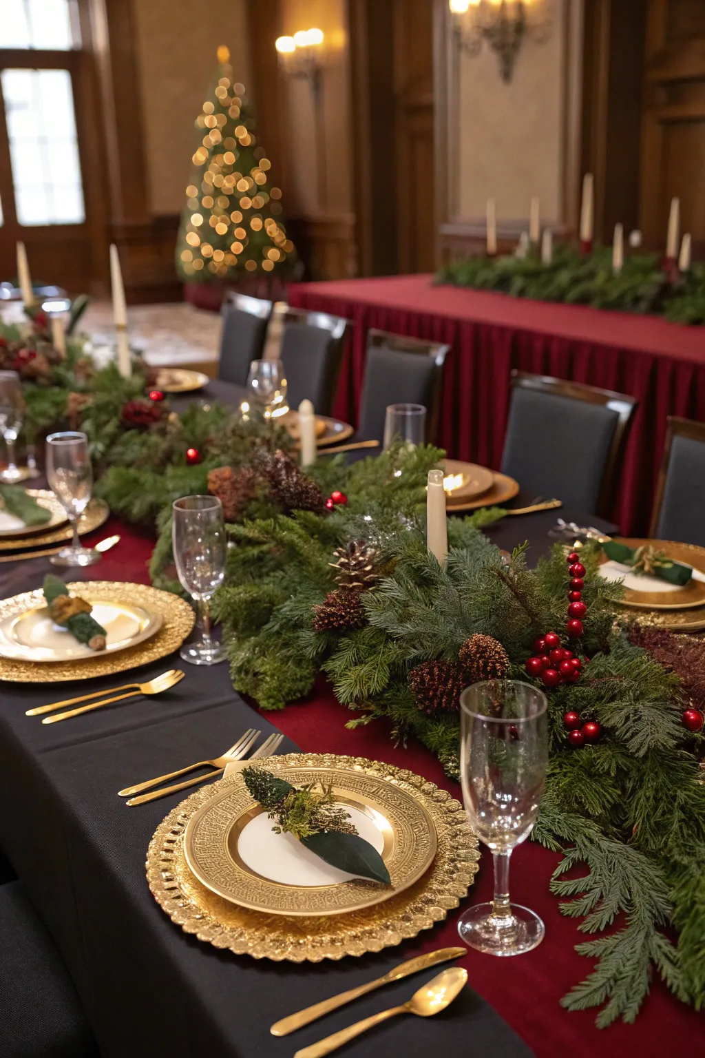 A festive holiday table setting with evergreen sprays and rich dark table linens.