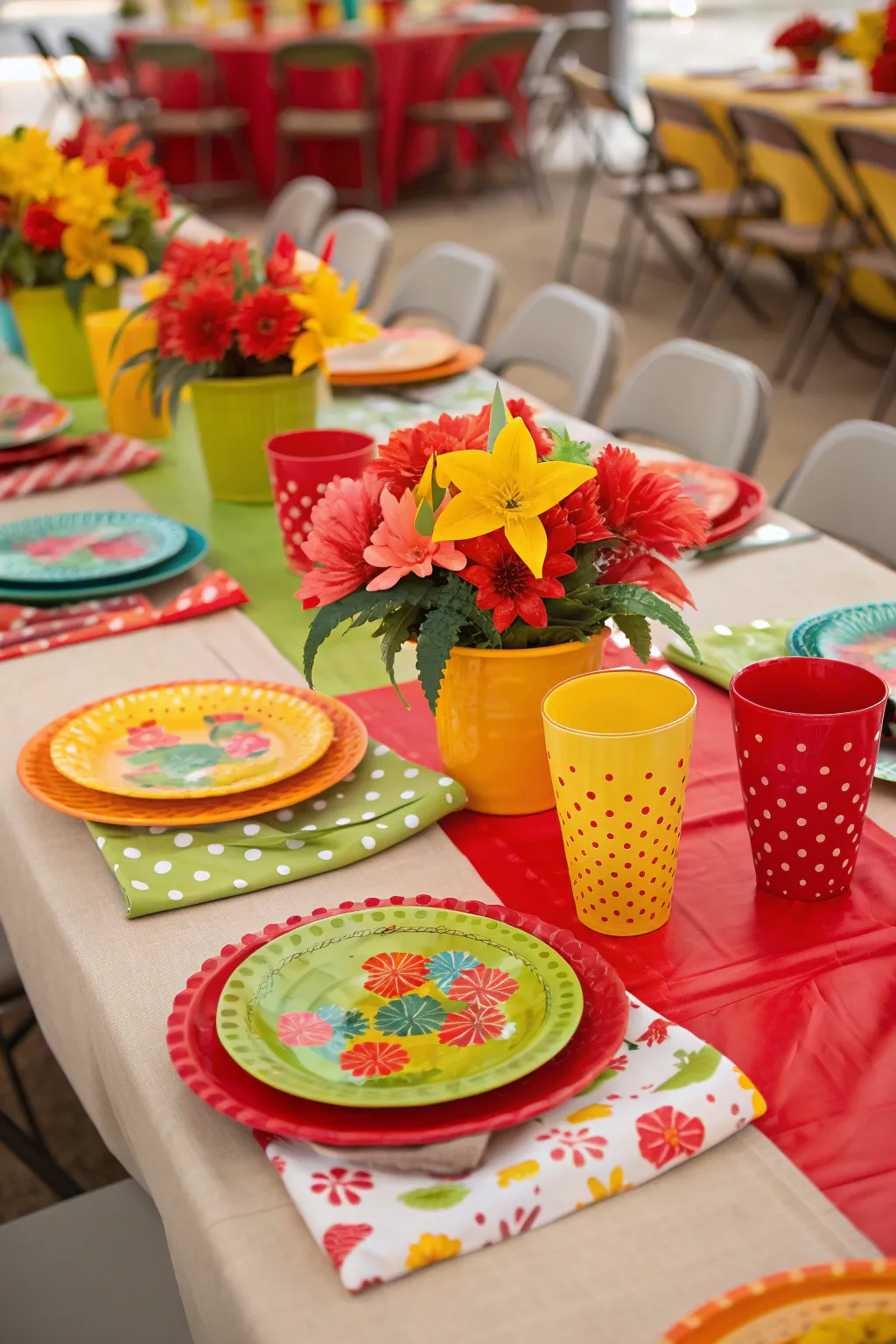 A colorful fiesta-themed table setting with vibrant dishware and tropical flower centerpieces.