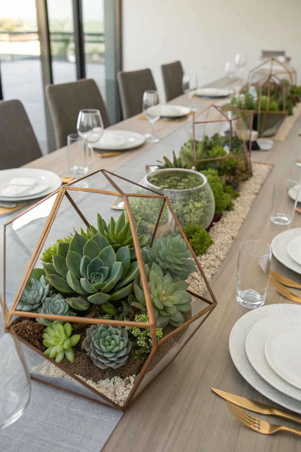Modern table setting with geometric centerpiece featuring succulents in glass vases.