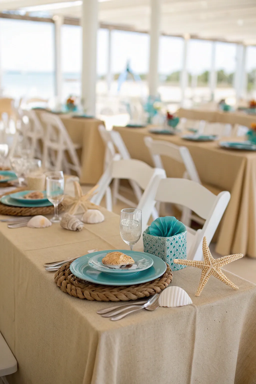 Beach-inspired table setting with sandy tablecloths and ocean-blue dishware.