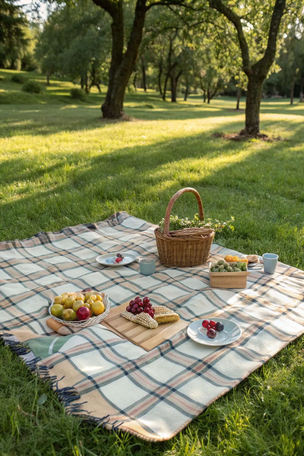Cheerful picnic setting with plaid blankets and a basket of fresh fruits.
