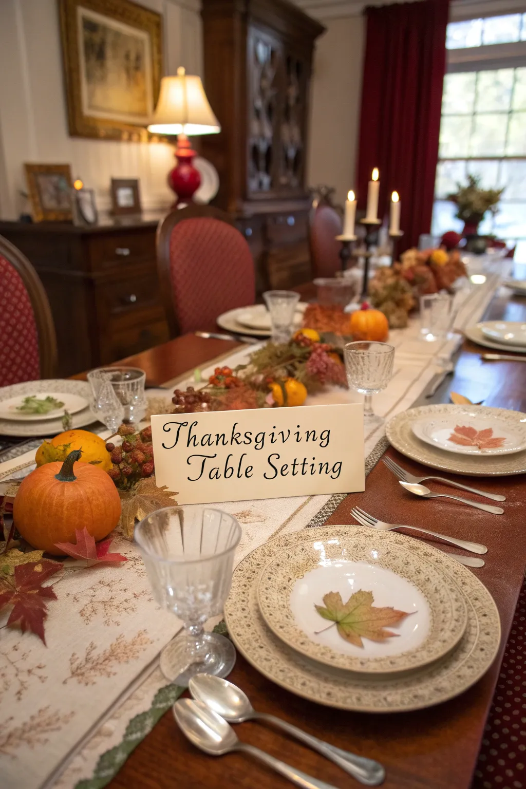 Traditional Thanksgiving table setting with family heirloom dishes and autumn decor.