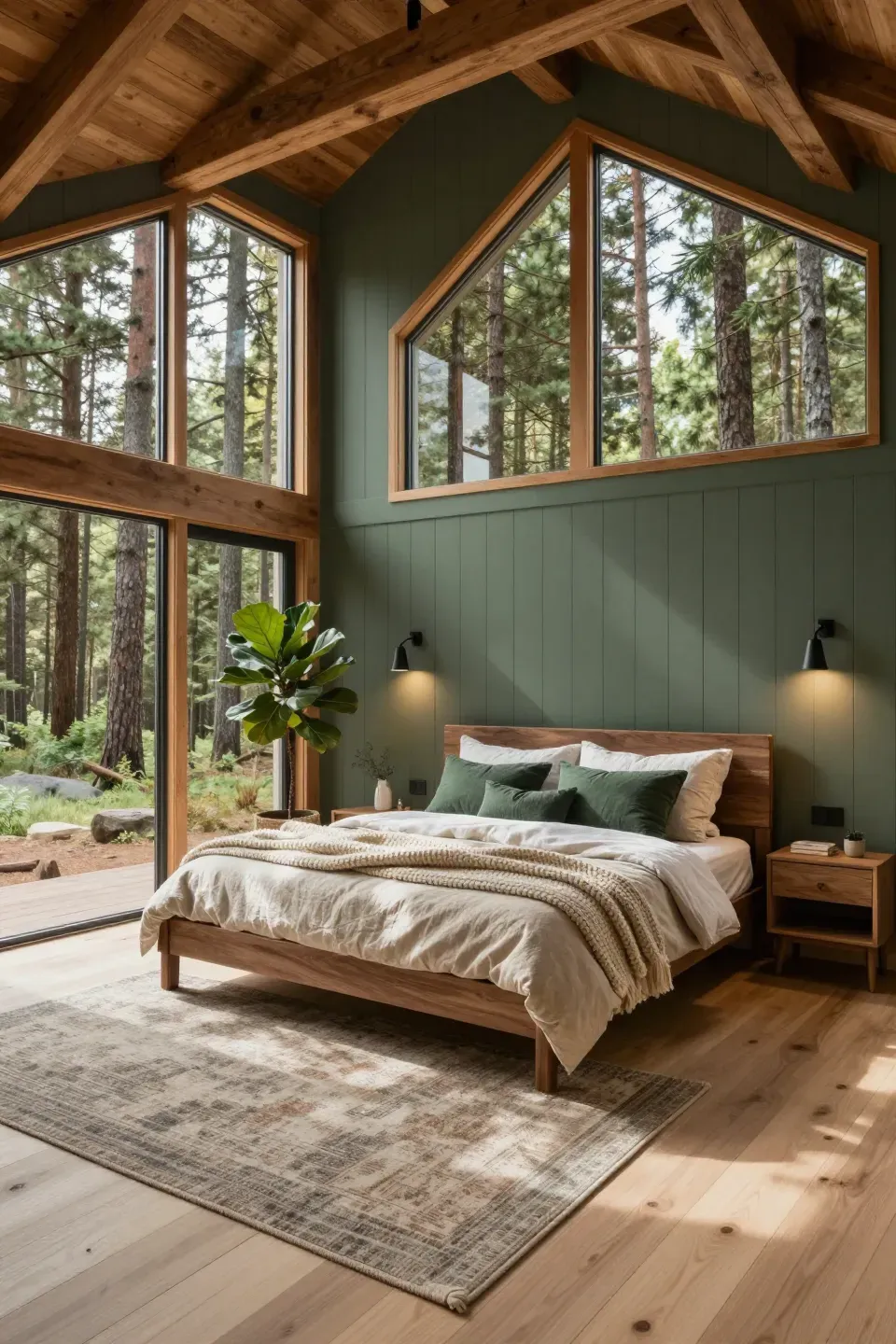 A serene Woodsy Modern Bedroom featuring a moody sage green accent wall.