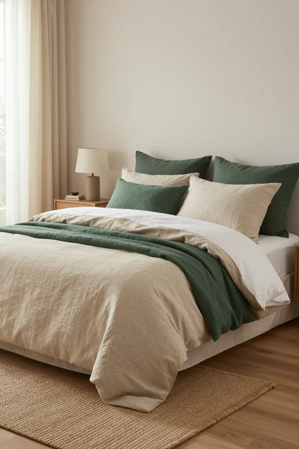 A cozy bed with layered linen bedding in oatmeal and forest green tones.