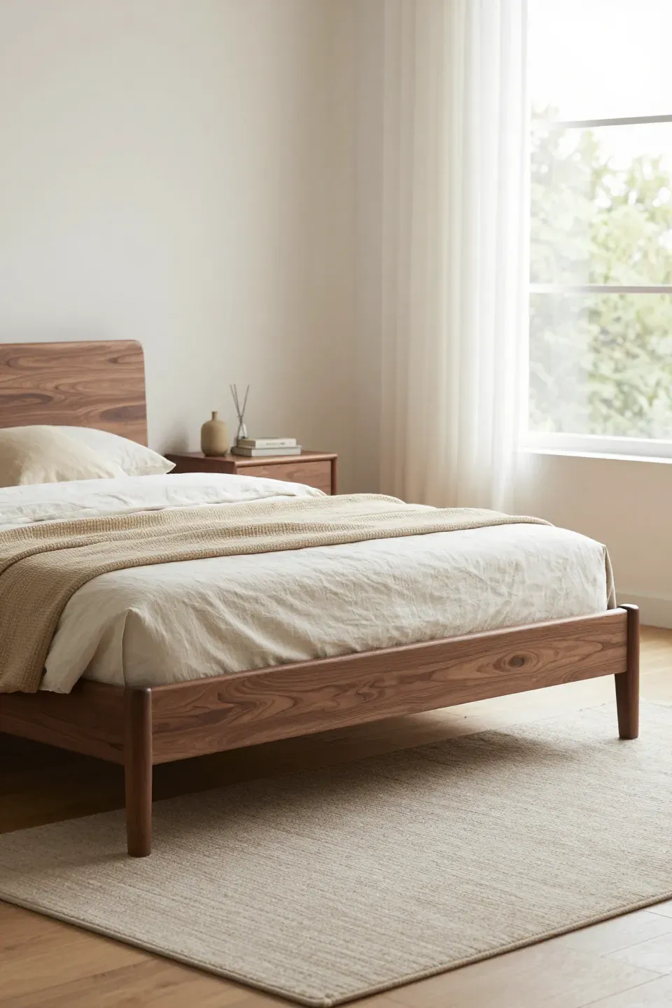 A low-profile walnut bed frame with simple lines in a modern bedroom.