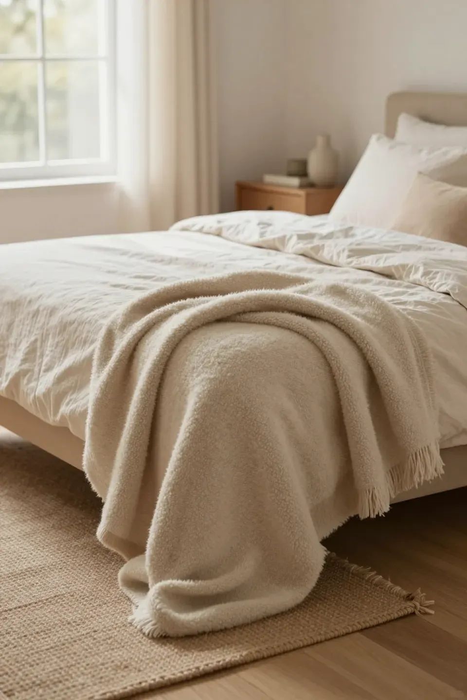A soft wool throw blanket draped over a bed, adding warmth and texture.