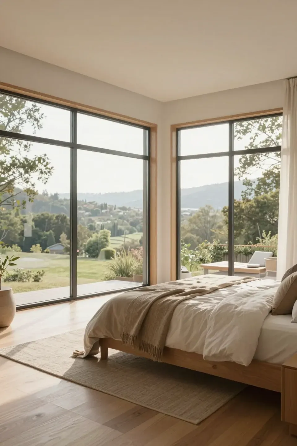 A bedroom with large floor-to-ceiling windows framing the beautiful outdoors.