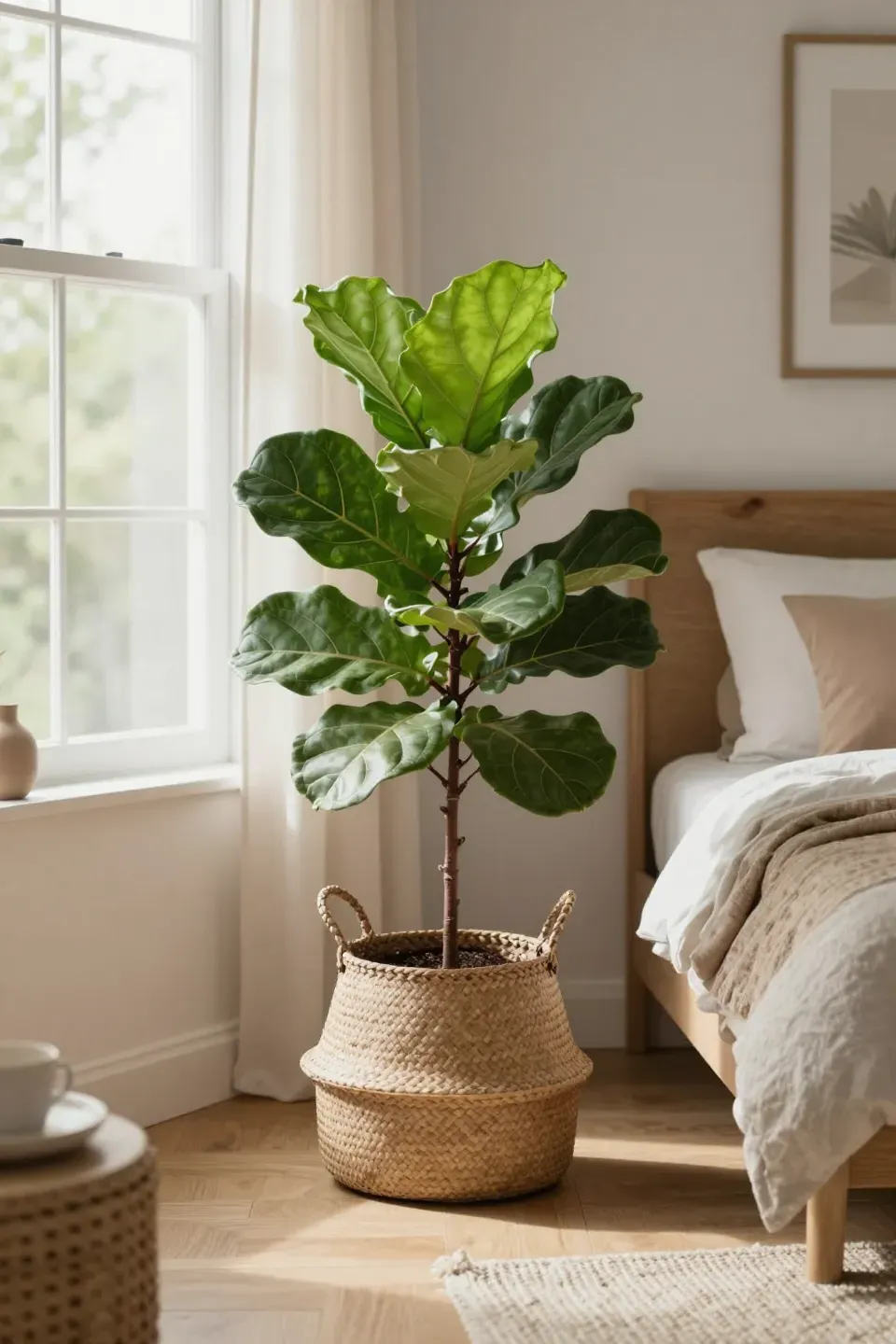 A fiddle leaf fig plant in a woven basket, adding greenery to the bedroom.