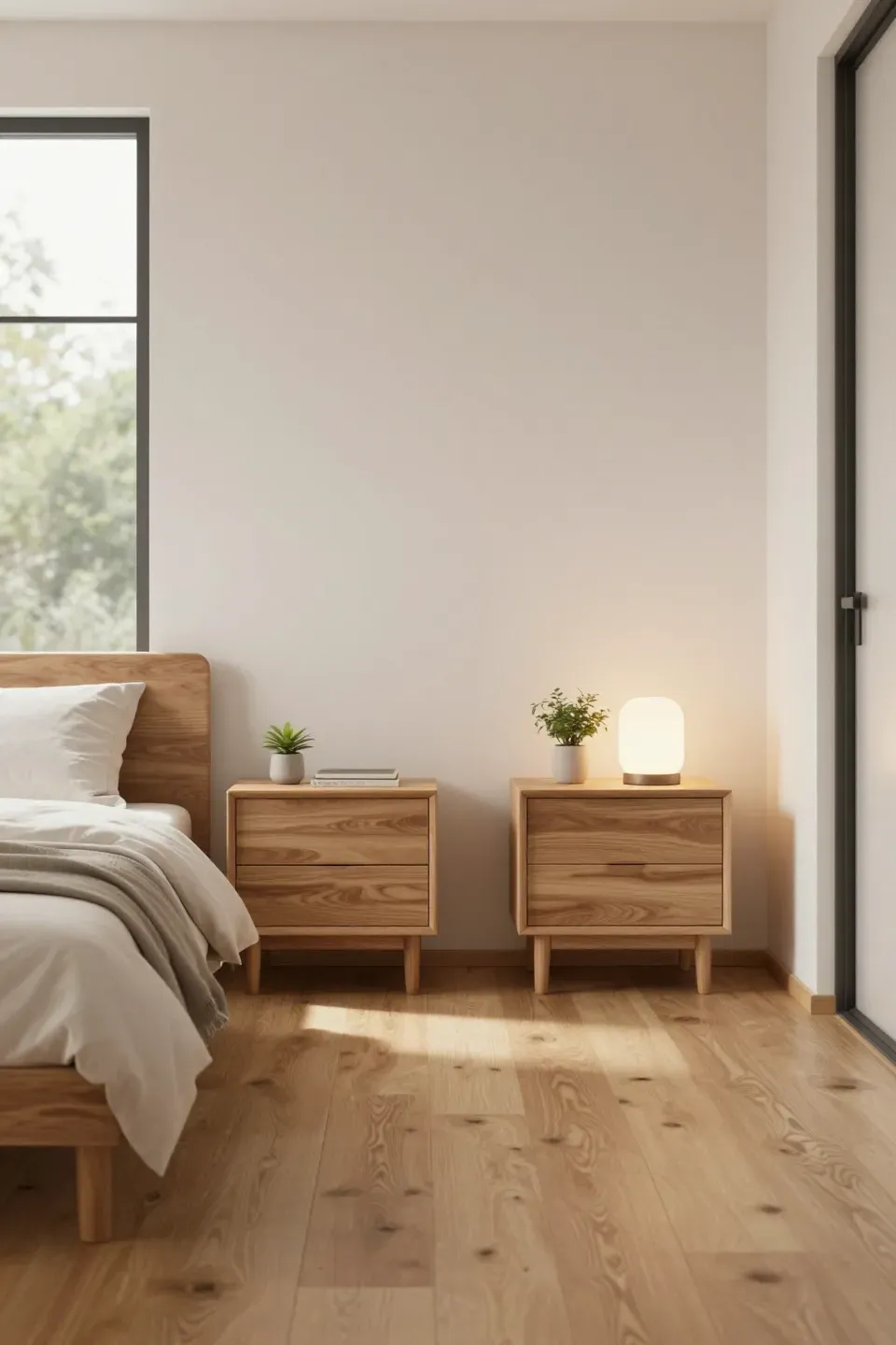 Minimalist wooden nightstands in a serene bedroom, paired with soft lighting and natural decor.