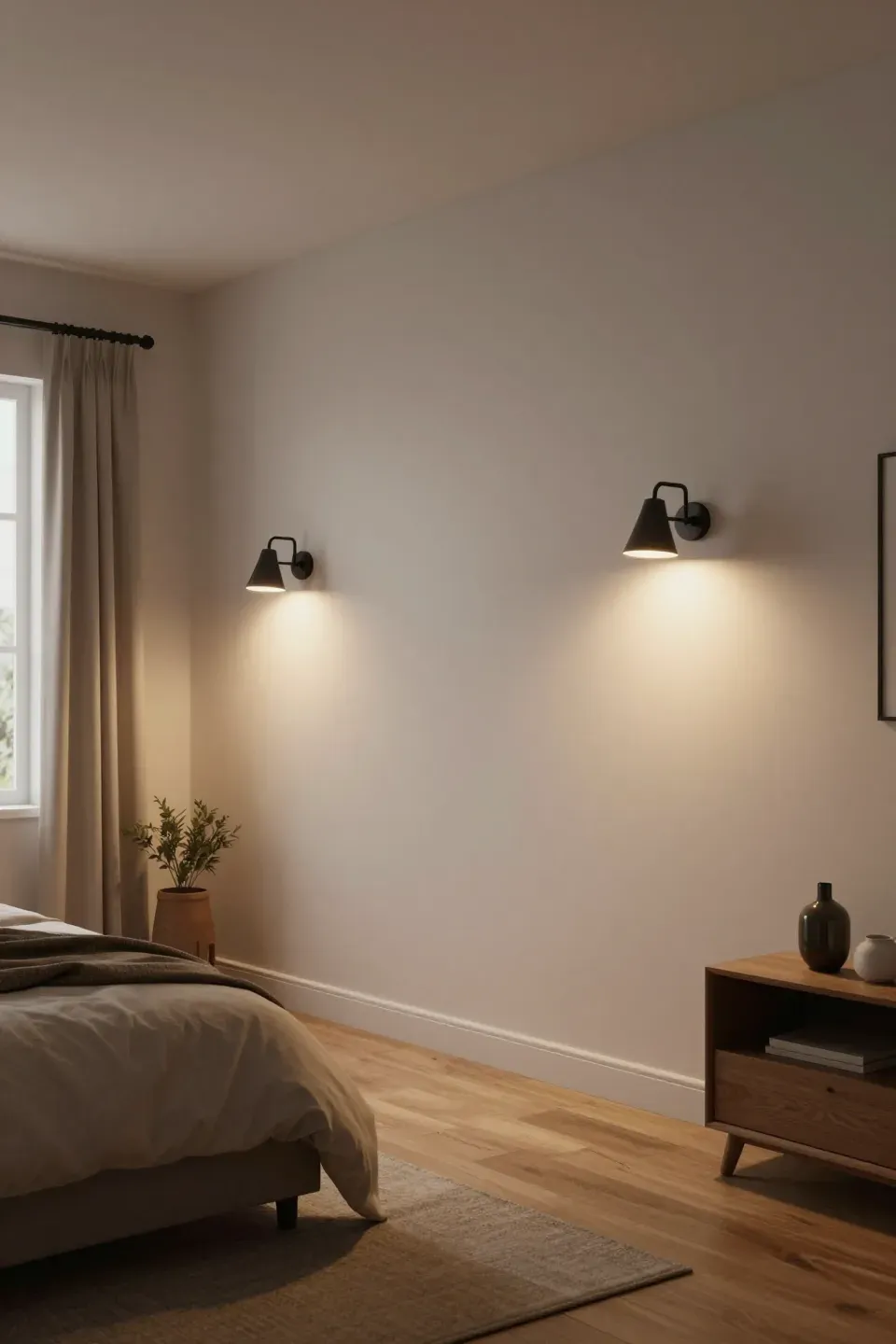 Modern black metal wall sconces illuminating a cozy bedroom with soft ambient lighting.