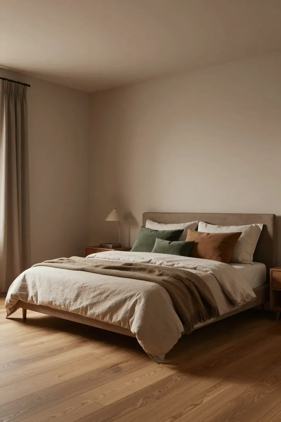 A serene bedroom showcasing a neutral earthy color palette with warm undertones.