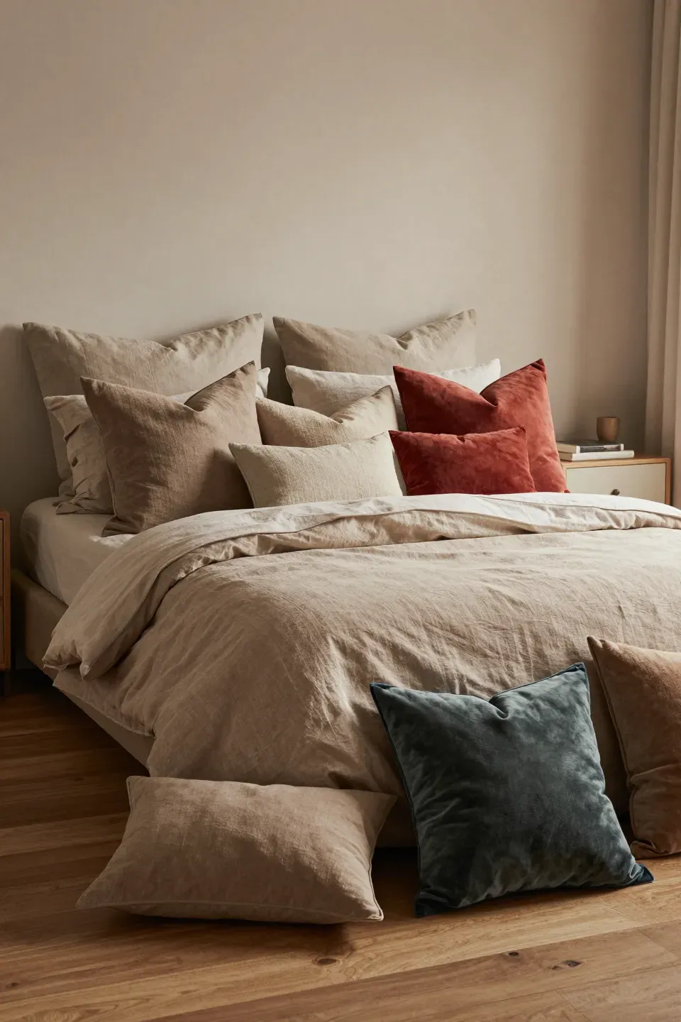 A cozy bed adorned with decorative throw pillows in varying earthy textures and tones.