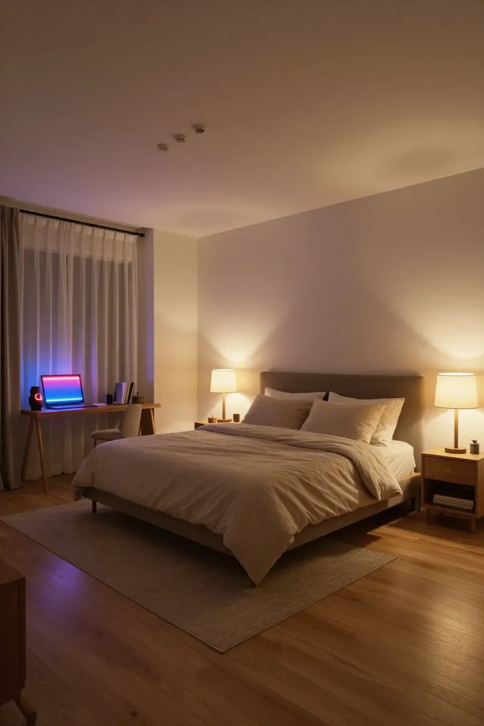A cozy bedroom showcasing a layered lighting scheme with ambient and task sources for a warm atmosphere.