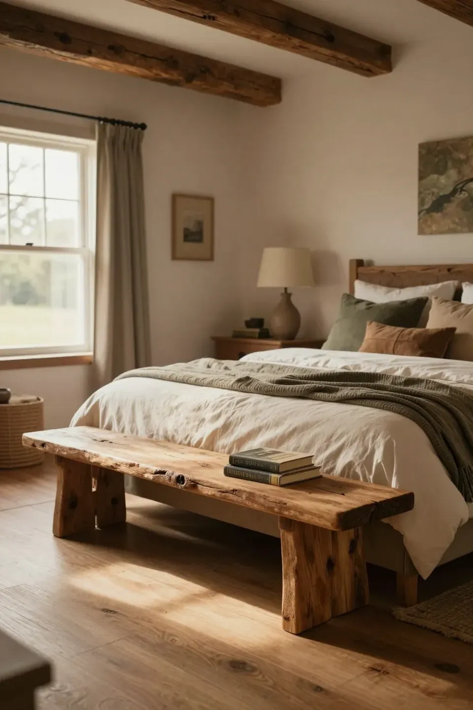 A rustic wooden bench at the foot of a bed in a warm, inviting bedroom.