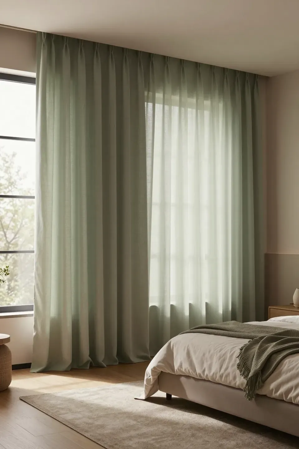 A cozy bedroom with earthy-toned curtains filtering soft light, enhancing the warm atmosphere.