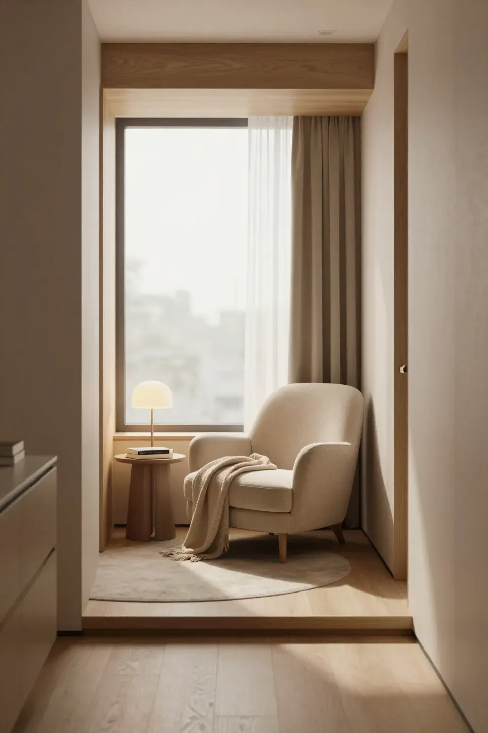 A cozy reading nook featuring an accent chair in warm neutrals, inviting relaxation.