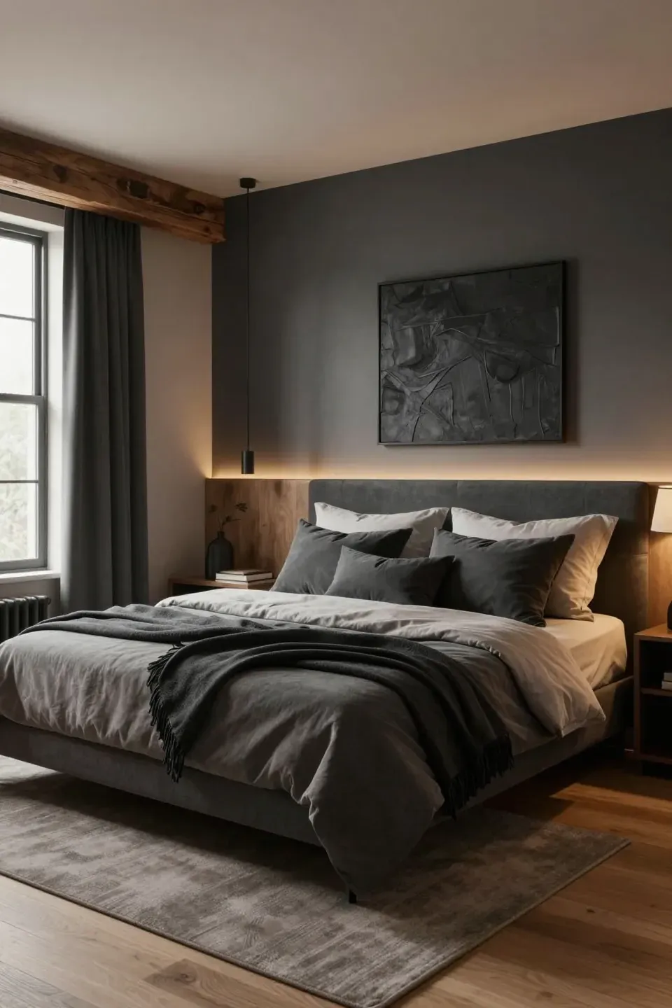 A cozy bedroom featuring charcoal grey accents that add depth and contrast to the decor.