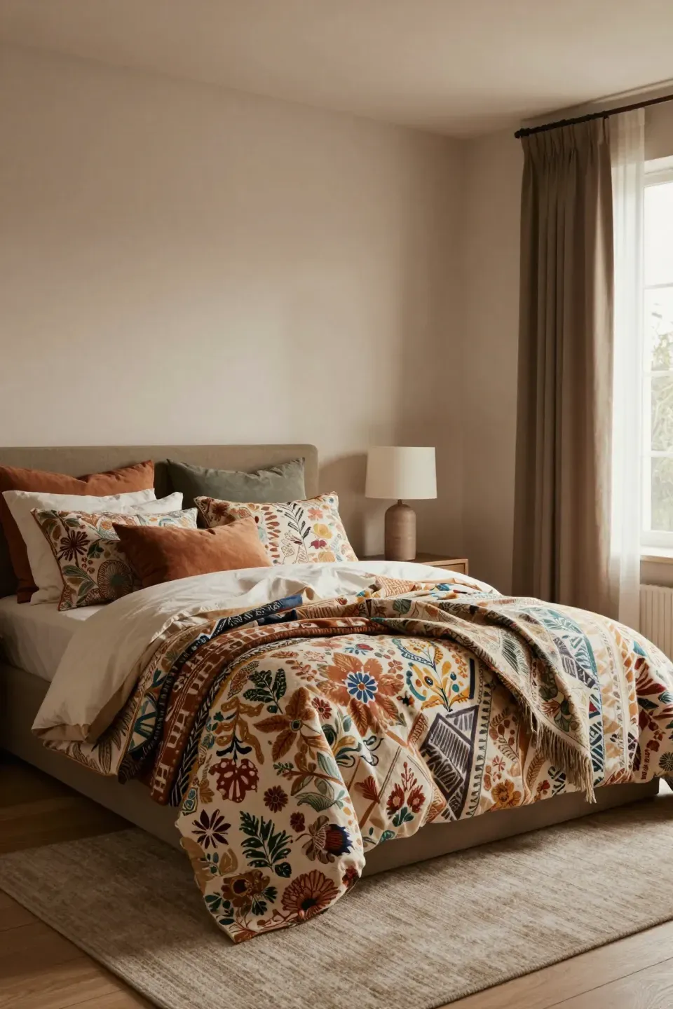 A cozy bedroom showcasing mixed patterns in bedding, adding visual interest to the decor.