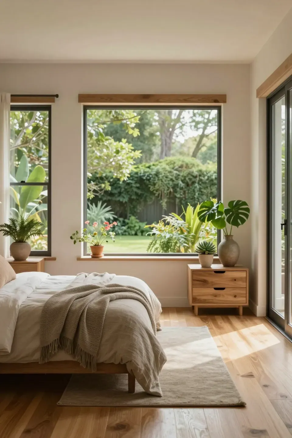 A cozy bedroom with nightstands featuring small potted plants and earthy vases.