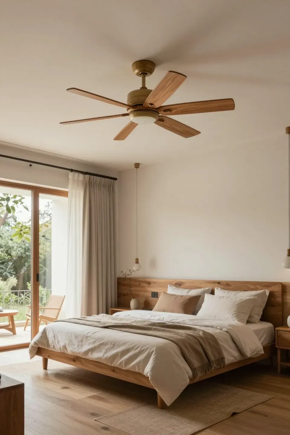 A serene bedroom featuring a natural wood ceiling fan for rustic charm.