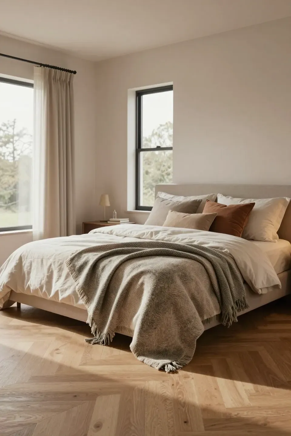 A cozy bedroom with layered graphic throw blankets adding texture and warmth.