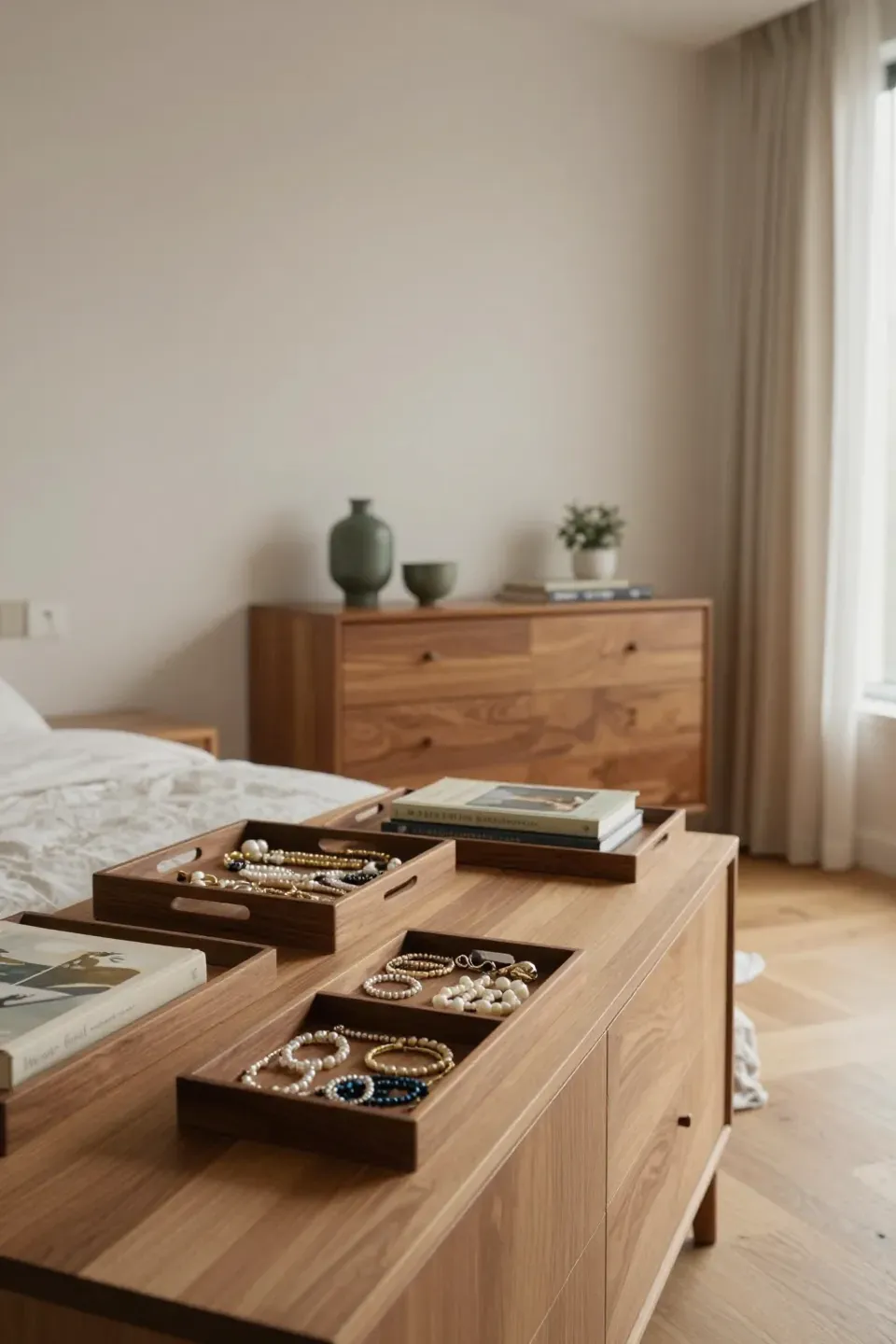 A serene bedroom with decorative trays neatly organizing personal items on a dresser.