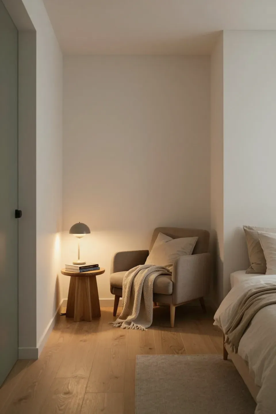A cozy reading nook in a bedroom featuring earthy accents and soft lighting.