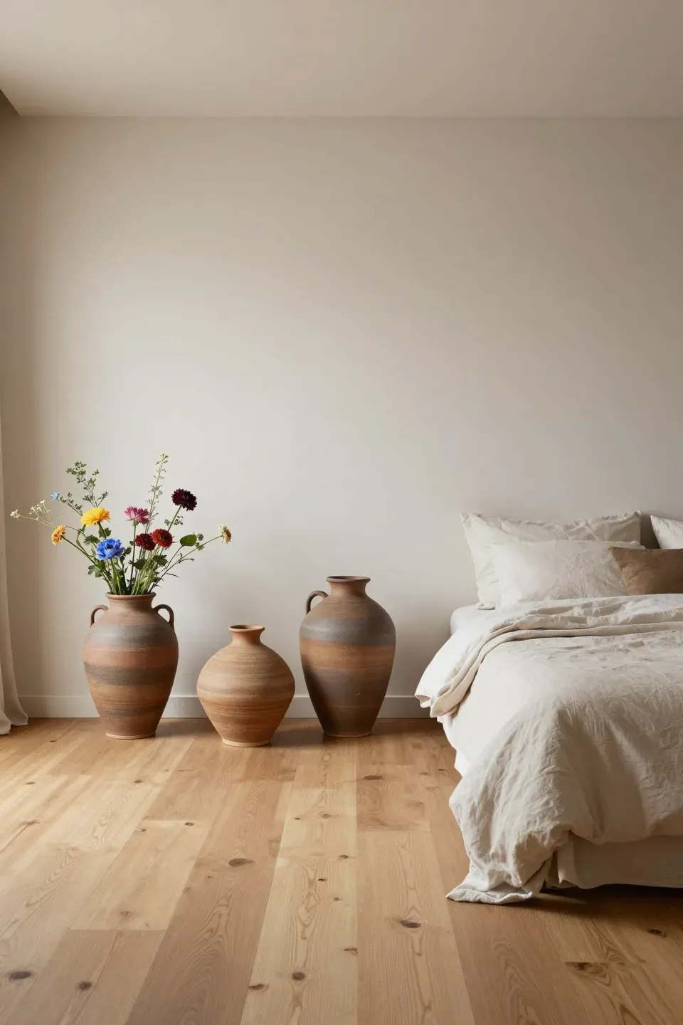 A serene bedroom featuring handcrafted ceramic vases adding unique decorative touches.