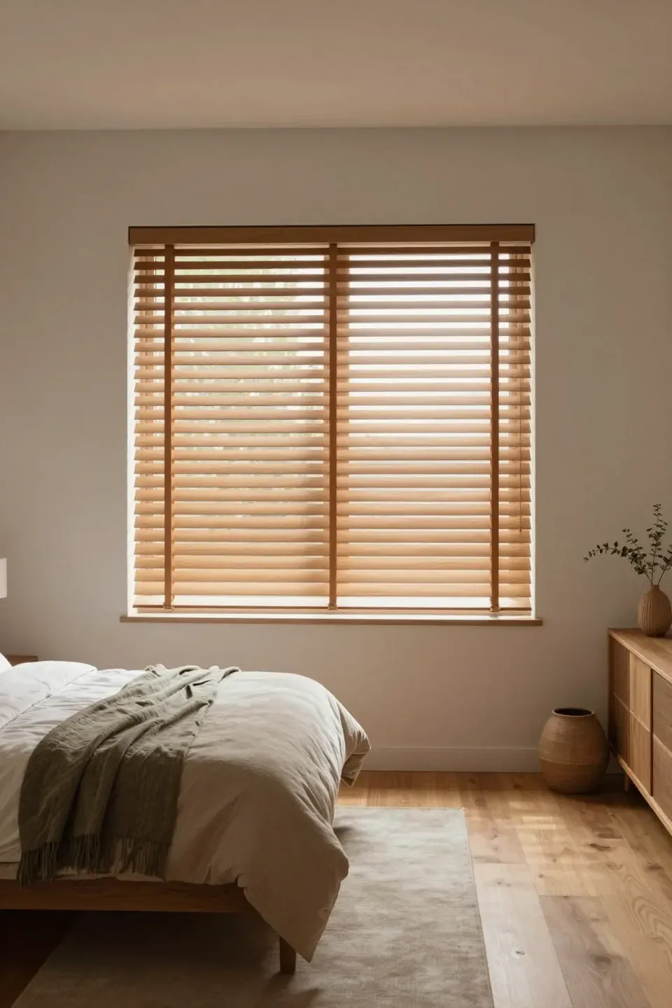 A serene bedroom featuring natural wood blinds for privacy and light control.