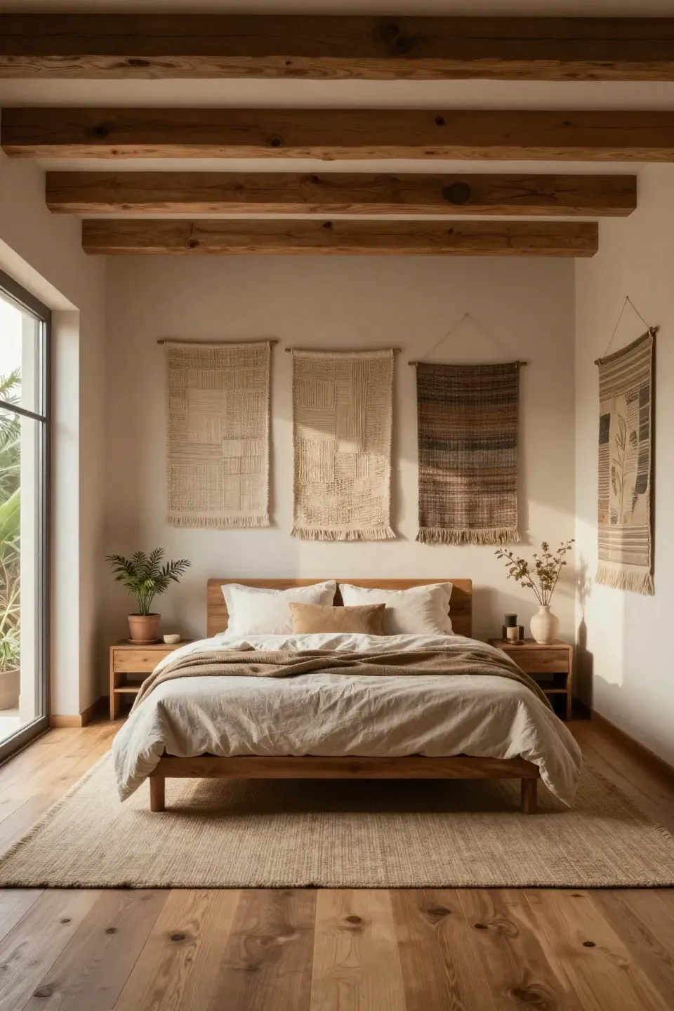 A serene bedroom featuring textured wall hangings and natural decor elements.
