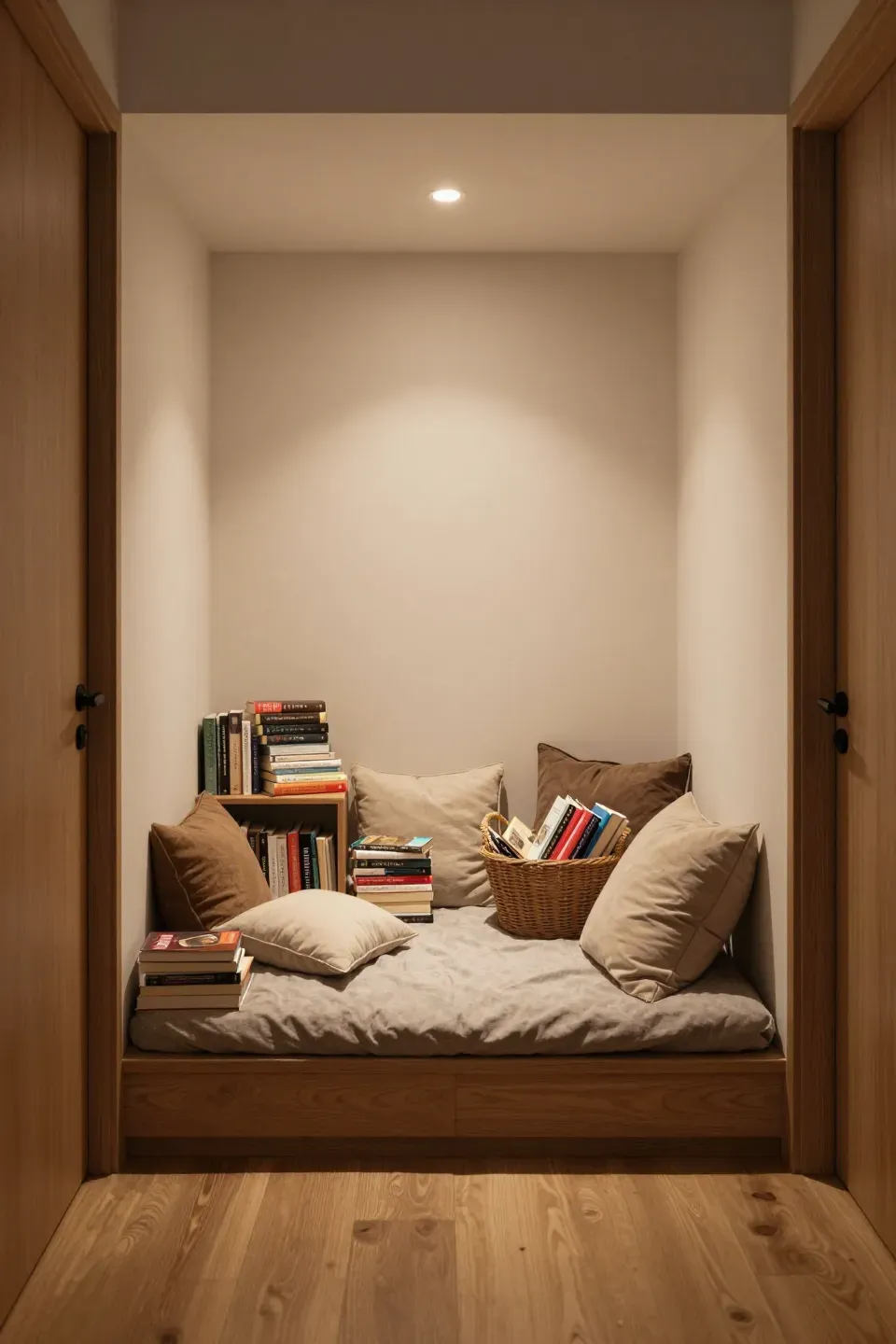 A cozy bedroom nook filled with cushions and books, inviting relaxation.