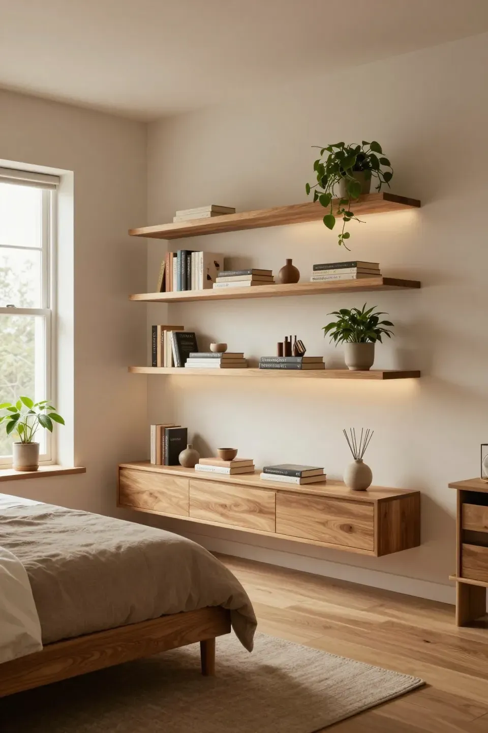 A bedroom featuring simple floating shelves made of natural wood, displaying decor.
