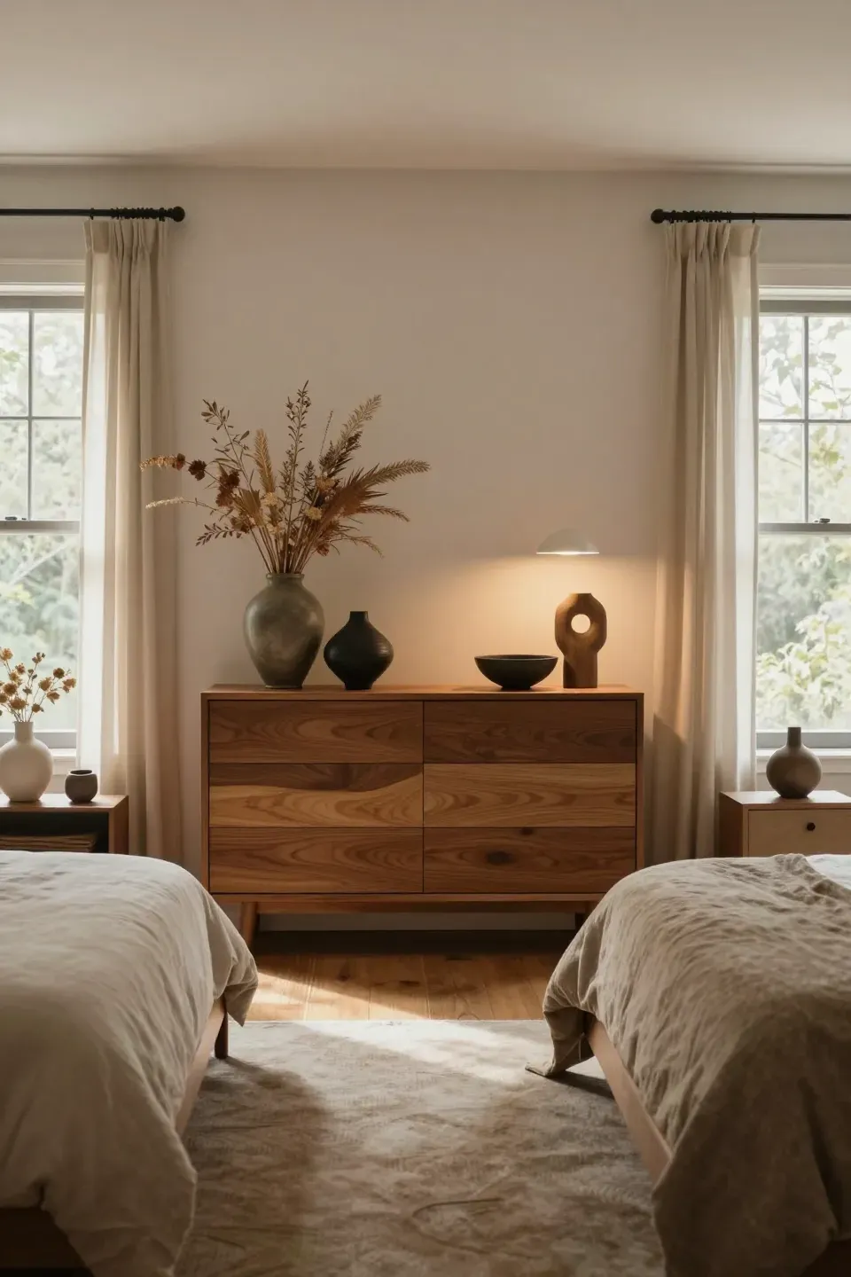 A bedroom showcasing eye-catching centerpieces on dressers and nightstands.