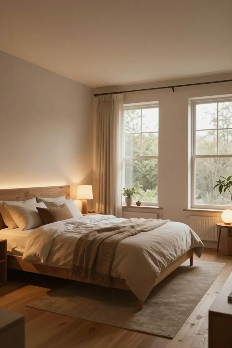 A cozy bedroom illuminated with warm white lighting, creating an inviting atmosphere.