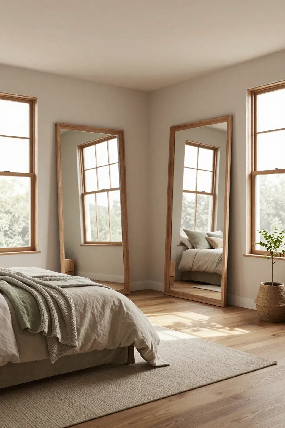 A serene bedroom with mirrors reflecting natural light, showcasing earthy decor.