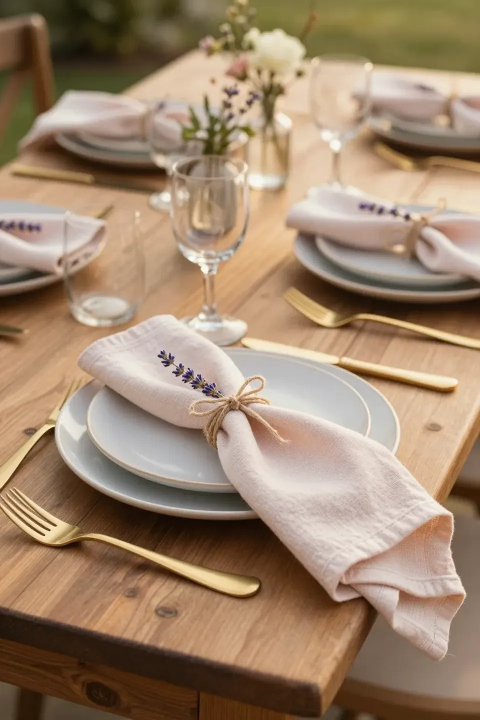 A dining table with soft blush napkins tied with twine, creating an inviting atmosphere.