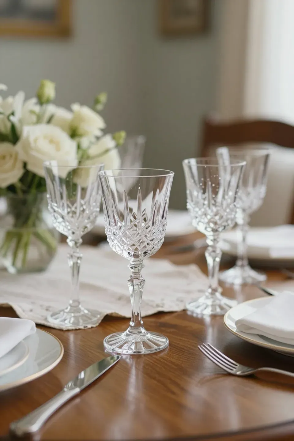 A dining table with vintage crystal goblets, adding elegance to the floral decorations.