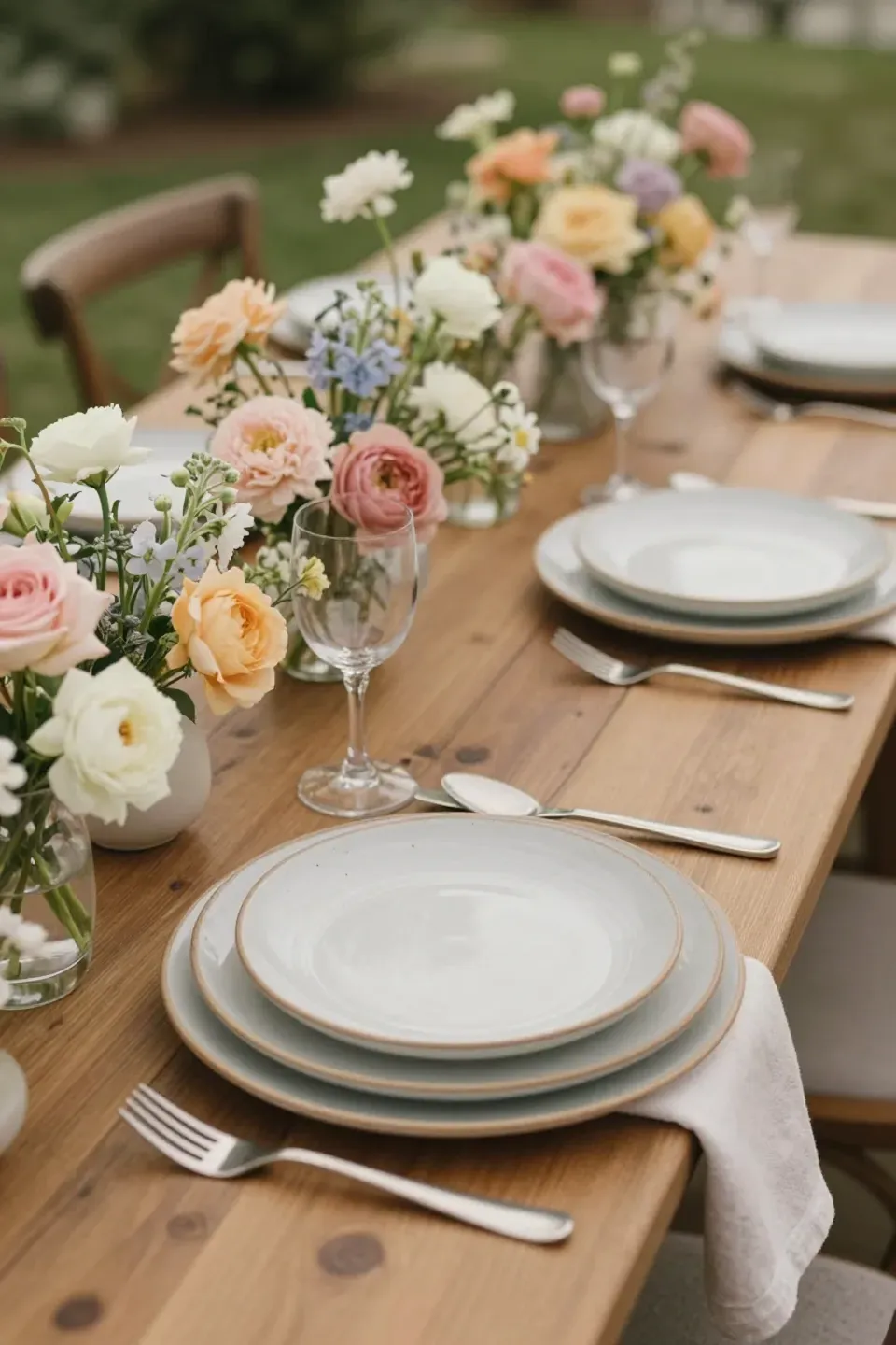 A dining table with layered dinner plates featuring organic rims, enhancing the floral arrangements.