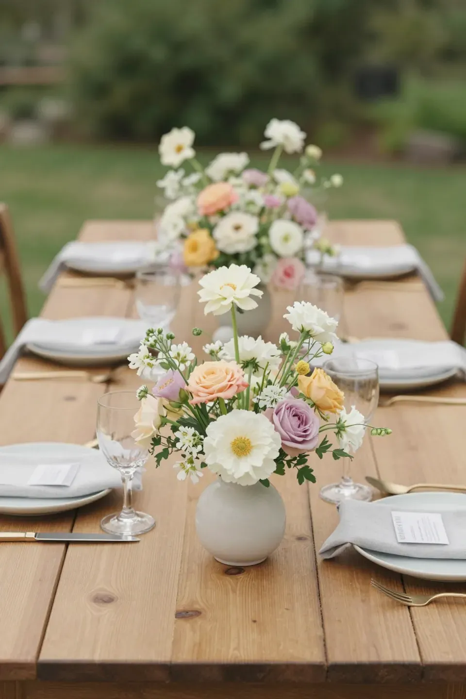 A dining table with delicate floral arrangements in low vases, fostering conversation.
