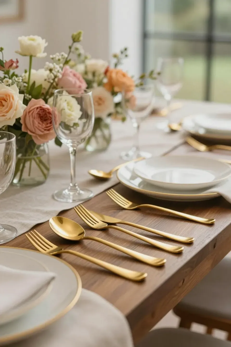 A dining table set with polished gold flatware, enhancing the floral decorations.