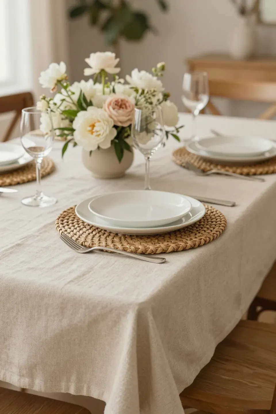 Cozy table setting with linen and rattan elements.