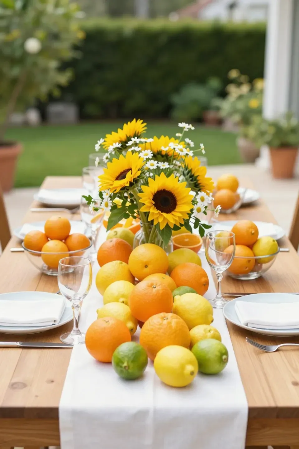 Vibrant table setting with citrus fruits and flowers.