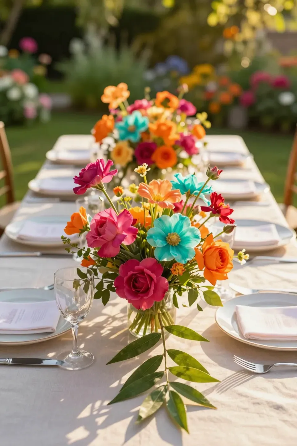 Vibrant summer wedding table setting with fuchsia, orange, and turquoise flowers.