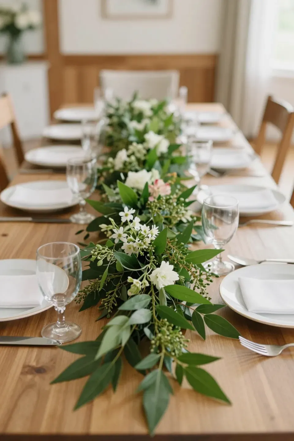 Elegant table setting with a simple greenery garland and delicate blooms.